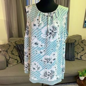 Rose & Olive 1X sleeveless top blouse workwear ivory gray & teal floral stripe